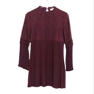 Altar'd State Maroon Crochet Lace Bell Sleeve Mini Dress Women's Medium